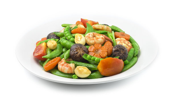 虾仁、胡萝卜花、玉米片、蒜炒荷兰豆图片下载