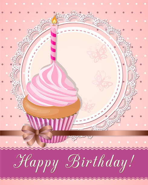 餐巾上有粉色纸杯蛋糕的老式生日卡图片下载
