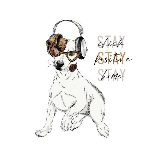 手画杰克罗素梗狗与耳机。刻有矢量的检疫海报。保持乐观，待在家里。Covid-19流行的传单。听音乐，享受自由时光。图片下载