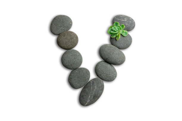 由沙滩石或海洋石制成的字母，在白色背景上孤立的永生菌。带裁剪路径的ECO字母表概念。图片下载