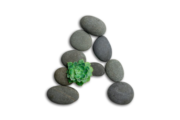 由沙滩石或海洋石制成的字母，在白色背景上孤立的永生菌。带裁剪路径的ECO字母表概念。图片下载