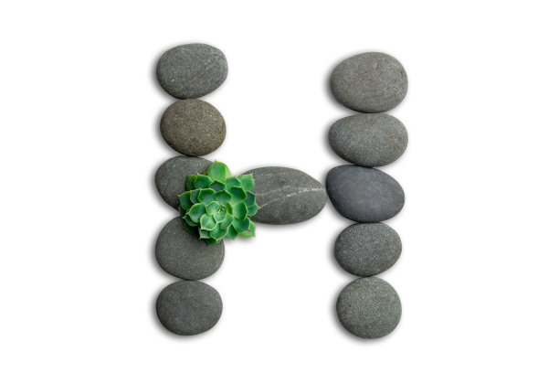 由沙滩石或海洋石制成的字母，在白色背景上孤立的永生菌。带裁剪路径的ECO字母表概念。图片下载