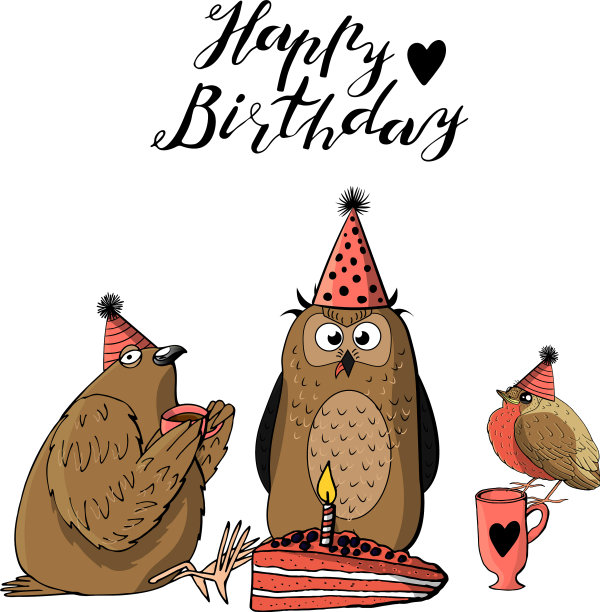 可爱的鸽子拿着杯茶猫头鹰戴着圆锥帽图片下载