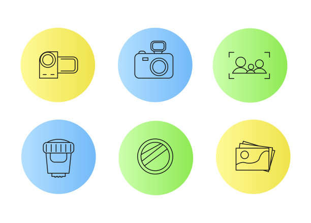 摄影的图标。图标设置为摄影师在一个彩色的背景。图标相机，摄像机，镜头，镜头，照片，焦点与剪影，黄色，绿色，蓝色背景图片下载