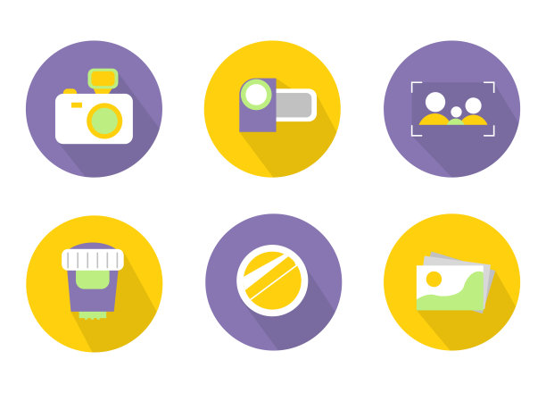摄影的图标。图标设置为摄影师在一个彩色的背景。图标相机，摄像机，镜头，镜头，照片，焦点与剪影，彩色，在黄色和紫色的背景图片下载