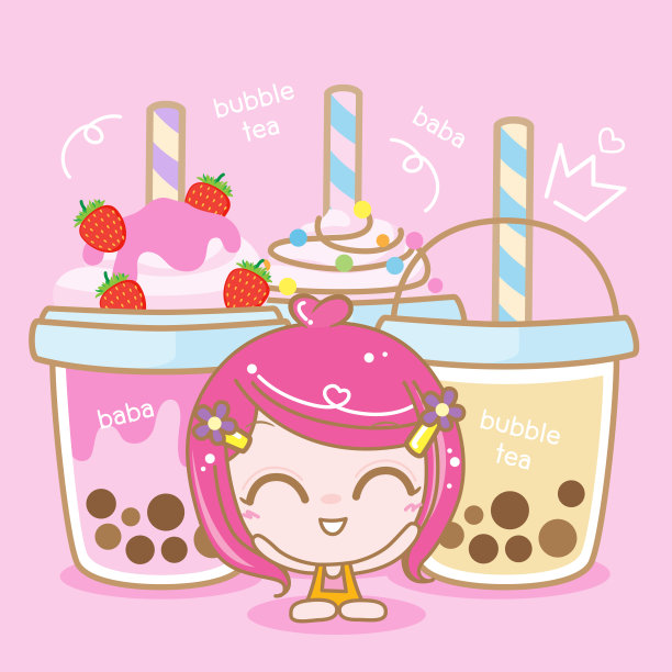 卡通人物喜欢奶茶，珍珠奶茶，美味饮料，台湾奶茶，奶茶，可爱贴纸，矢量插图素材图片