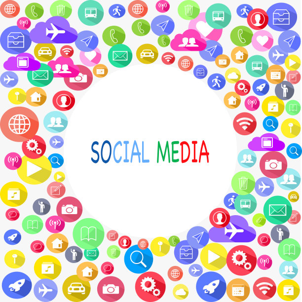 社交媒体上的信息是圈状的，背景中有彩色的在线交流图标图片下载