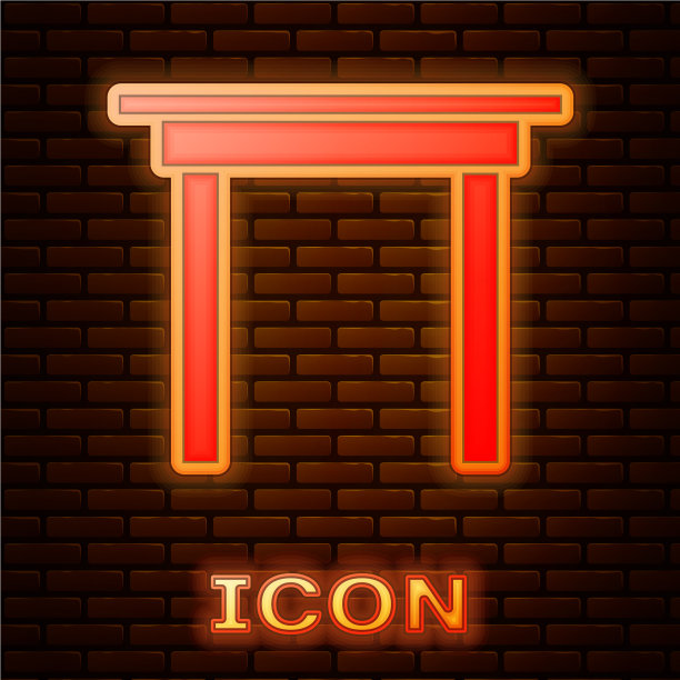 发光的霓虹灯木桌图标孤立在砖上图片下载