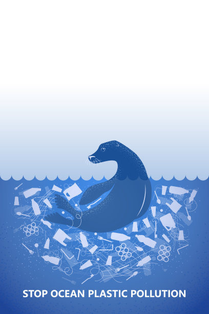 阻止海洋塑料污染。海狗，水中的海洋动物，白色塑料垃圾袋，蓝色背景的瓶子。本空间的地方。平面设计。图片下载