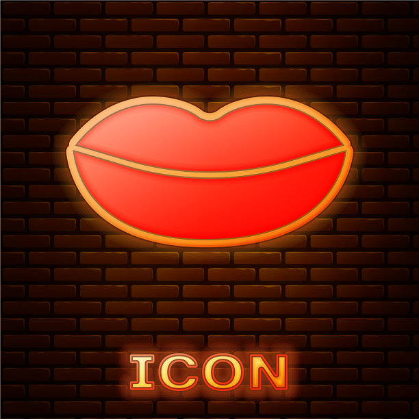 发光的霓虹灯微笑的嘴唇图标孤立在砖块上图片下载