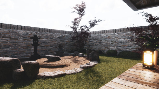 日式花园热带外观设计日式风格。三维渲染图片下载