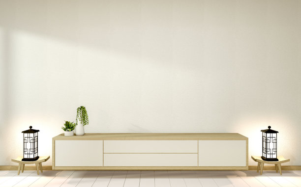 木质橱柜在白色的空室内房间风格，3d渲染图片下载