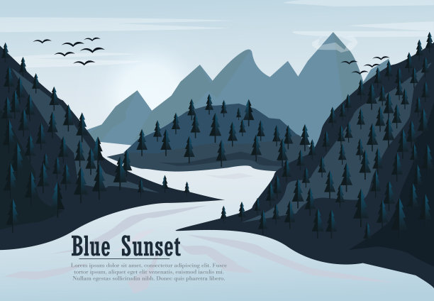 股票矢量图片的山脉与森林剪影和月亮的背景，旅游，旅游，徒步和徒步的概念图片下载