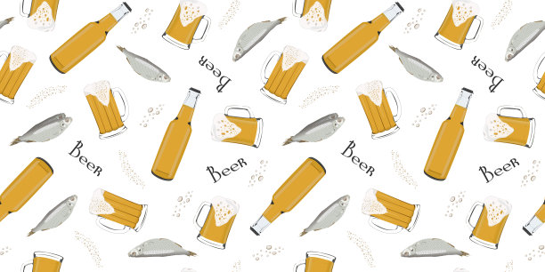 色彩无缝图案上的啤酒主题。一套啤酒杯，啤酒瓶和鱼的插图。有啤酒泡沫的画图片下载