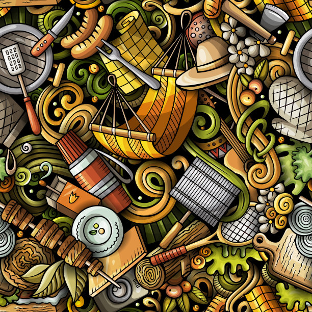 野餐手绘涂鸦无缝图案。烧烤的背景。图片下载