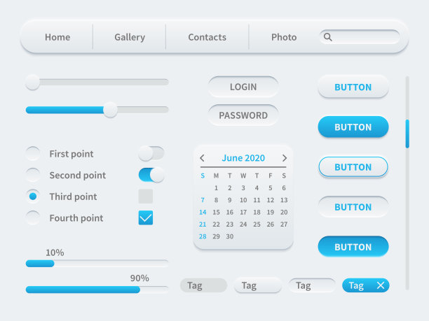白色的界面元素。移动应用程序和网站的通用ui模板。工具、按钮和响应式设计向量集图片下载