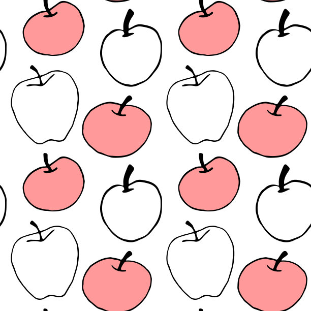 红粉色轮廓苹果无缝矢量颜色图案。夏天秋天背景。完美的返回学校，苹果采摘，食品包装，厨房纺织品图片下载