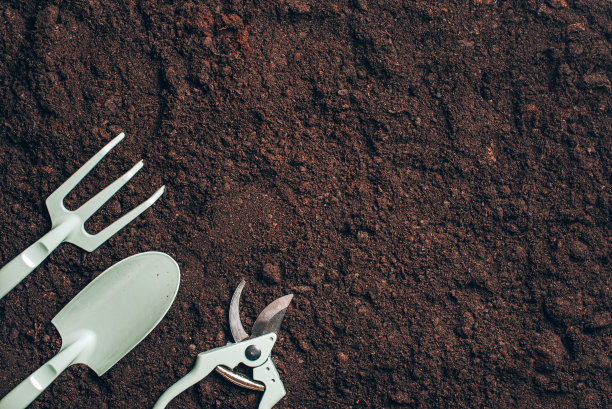 以土壤为背景的园艺工具和用具。顶部视图与复制空间。花园维护用的修枝机，耙子，铲子。夏天的季节。农业景观的概念图片下载