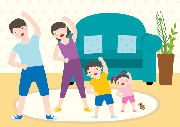 可爱快乐的家庭花时间在家里一起做早操。健康生活方式室内健身。矢量平面卡通插图。图片下载