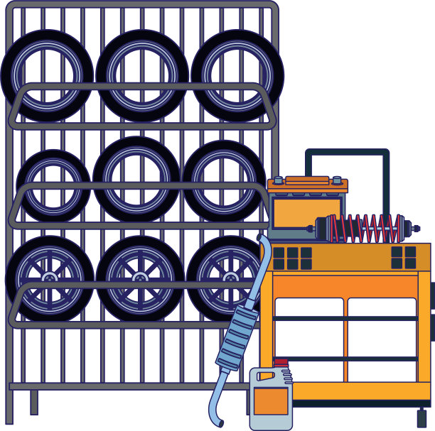 车架配有汽车轮胎和工具手推车，色彩缤纷图片下载