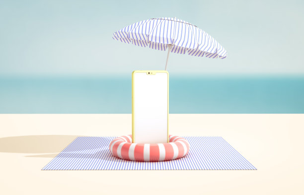 自然的夏季海滩背景与智能手机模拟。抽象的3d夏季场景。海的看法。网上购物的概念。图片下载