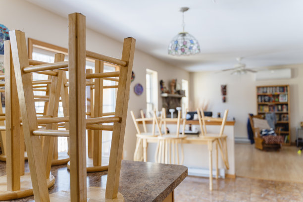 宾夕法尼亚州波科诺斯的空置度假屋已经准备好迎接客人了。一个有书架的客厅。图片下载