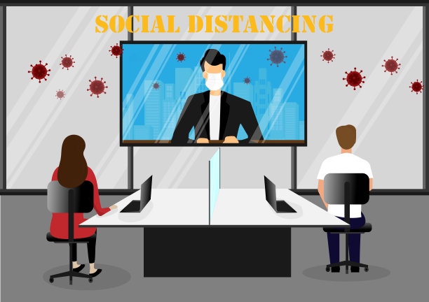 新型冠状病毒(Covid-19)疫情期间办公室社交距离的矢量设计概念。办公室插图中的独立工作座椅。图片下载