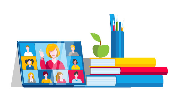 在一堆书旁边放着一台可以与学生在线聊天的笔记本电脑。图片下载