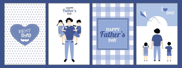 一套父亲节贺卡，小册子，海报或旗帜在平坦的风格在蓝色。父爱矢量父亲节概念，幸福家庭，父亲和两个孩子图片下载