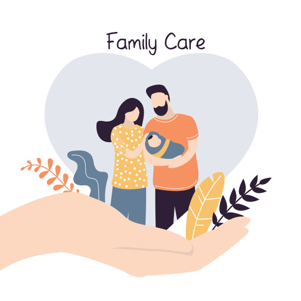 大手牵着小情侣和新生宝宝。医疗或财务保证，家庭照顾横幅模板。图片下载