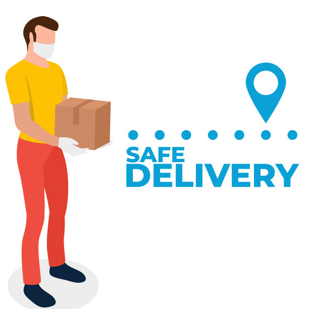 在冠状病毒大流行期间安全运送食品。隔离疫情，安全接触送回家。快递防护医用口罩和手套。图片下载