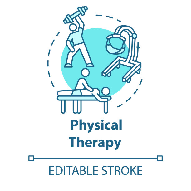 物理治疗概念图标。在健身房锻炼，按摩，脊椎按摩。康复按摩。理疗理念细线插图。矢量隔离轮廓RGB彩色绘图。可编辑的中风图片下载