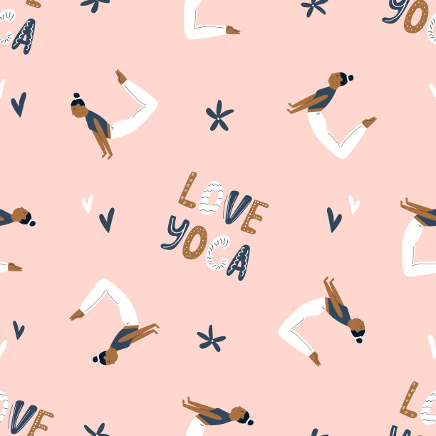 无缝模式与角色在瑜伽体式。矢量插图印刷，广告横幅图片下载