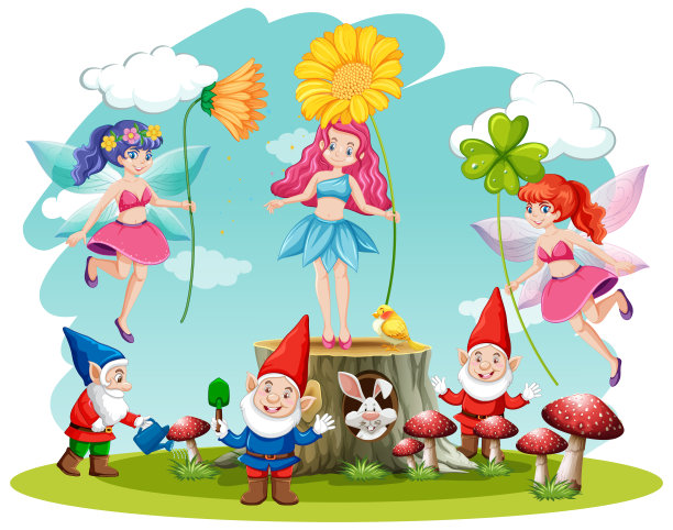 一套童话和侏儒幻想卡通人物在白色的背景图片下载