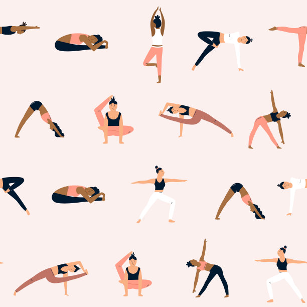 无缝模式与角色在瑜伽体式。矢量插图印刷，广告横幅图片下载