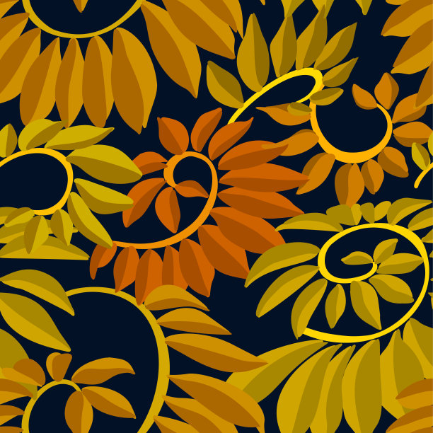 植物点缀。风格化的装饰性金黄叶子孤立在黑色上。由抽象几何形状构成的自然无缝图案。纺织面料设计，时尚质感。素材图片