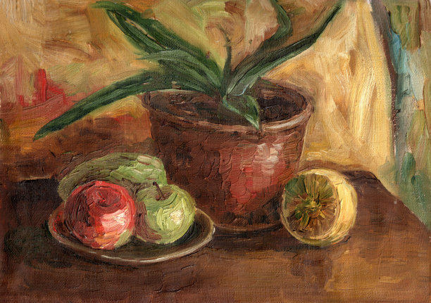 静物油画。用芦荟、柠檬、苹果等作色彩效果图。素材图片