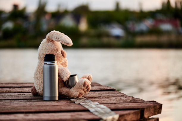 阳光下，可爱柔软的小兔子拿着暖水瓶站在湖边的码头上。副本的空间。图片下载