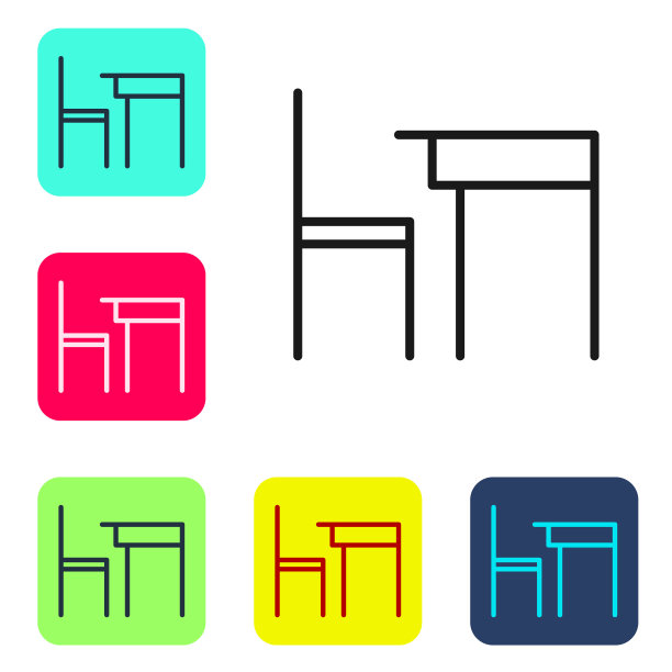 教室图标的教室桌子和椅子孤立在白色的背景上。学校的桌子上。设置图标的颜色方形按钮。矢量图素材图片