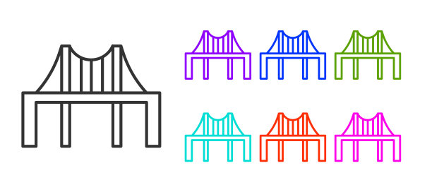 黑色线金门大桥图标孤立在白色背景。美国加州旧金山。设置图标丰富多彩。矢量图图片下载