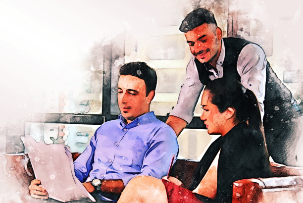 抽象多彩的业务合作伙伴谈话和讨论工作上的书桌上的水彩插图画的背景。图片下载