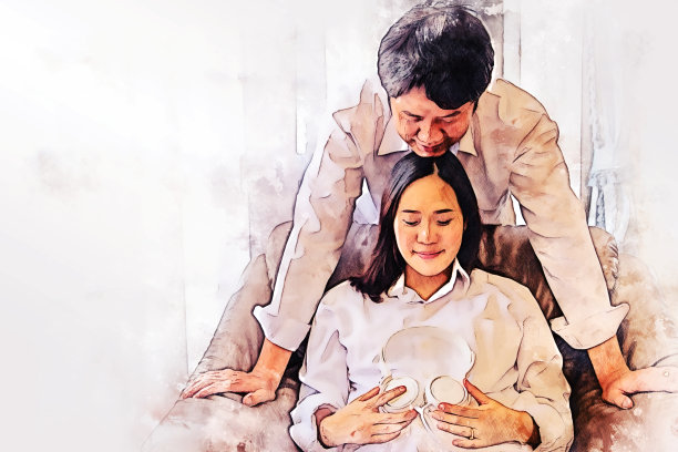 抽象彩色特写家庭孕妇与丈夫和拥抱在白色背景上的水彩画插图背景。图片下载