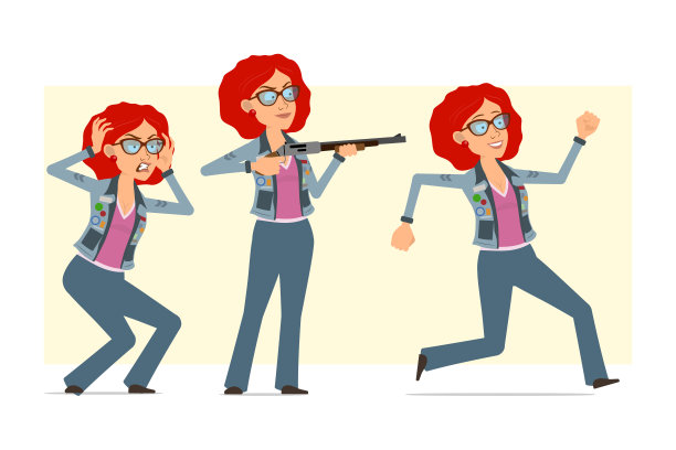 卡通红发嬉皮女人角色向量集图片下载