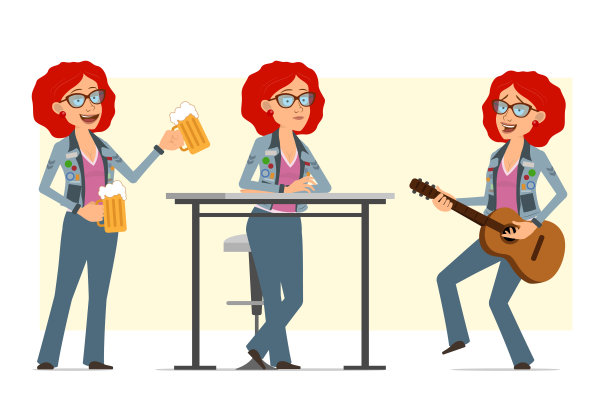 卡通红发嬉皮女人角色向量集图片下载