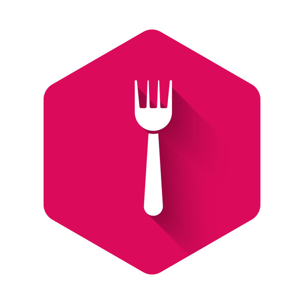 白色一次性塑料叉子图标孤立与长阴影。粉红色的六角按钮。矢量图图片下载