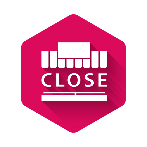 白色购物大楼或市场商店和文字封闭图标孤立与长阴影。店建设。粉红色的六角按钮。矢量图图片下载