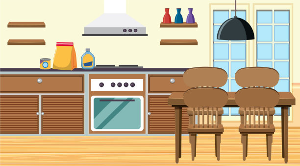 有火炉和餐桌的厨房图片下载