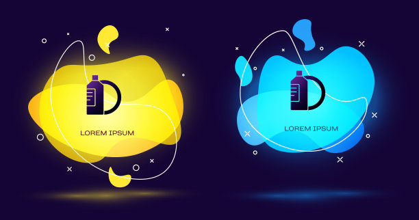 黑色洗碗液瓶和盘子图标孤立在黑色背景上。液体洗洁精用于洗碗。带有液体形状的抽象横幅。矢量图图片下载