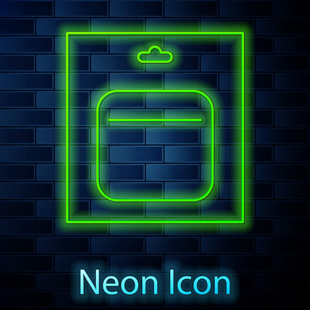 发光的霓虹灯线电池在包图标孤立的砖墙背景。闪电的象征。矢量图图片下载