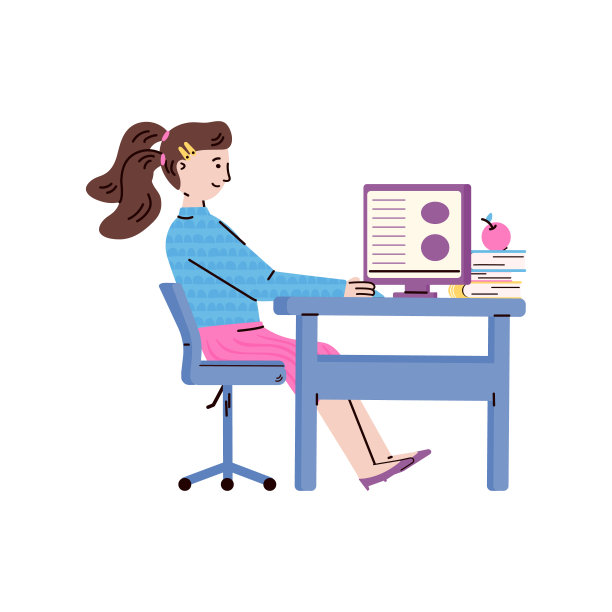 可爱的女孩坐在桌前学习，卡通矢量插图孤立。图片下载